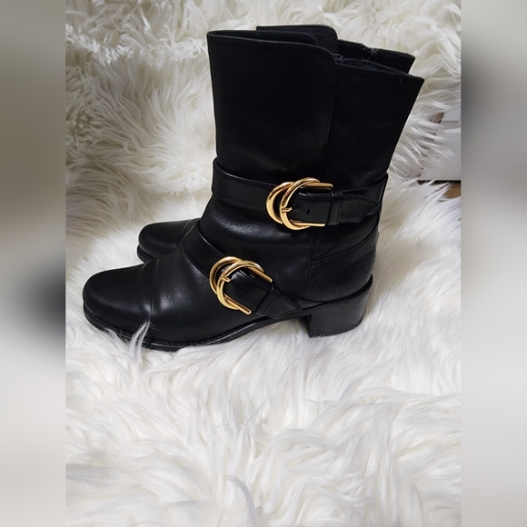 Stuart Weitzman Black Leather Ankle Boots with Gold Buckles - Picture 6 of 10